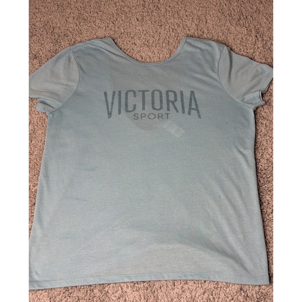 Victoria Sport Womens Light Blue Scoop Back Logo Short Sleeve T-Shirt